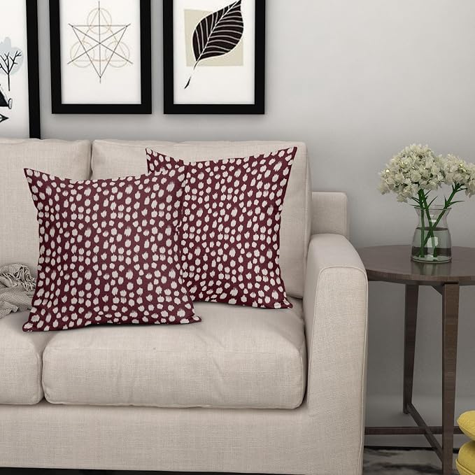 Burgundy Cream Pillow Covers 22x22 Set of 2 Boho Design Polka Dot Throw Pillows Modern Brush Strokes Print Decorative Outdoor Pillowcase Square Cushion Cover Linen Pillow Case for Home Sofa Couch Bed