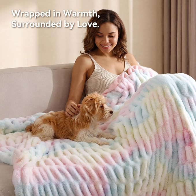 Rainbow Fluffy Blanket for Couch - Luxury Faux Rabbit Fur 60"x80" | Ultra Soft & Plush Comfort Ruched Blanket, Cozy Fuzzy Colorful Throw for Sofa & Bed, Great Gift for Women, Rainbow Room Decor
