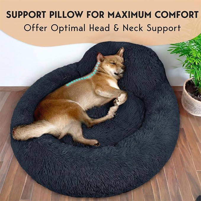PetJett Calming Dog Bed Medium Size Dog - 30'' Donut Bed, Washable Dog Bed, Anti-Slip & Super Soft Fluffy Plush Round Dog Bed, Anti-Anxiety Premium Comfort Pet Bed, Fits Dogs Upto 45 lbs - Dark Grey