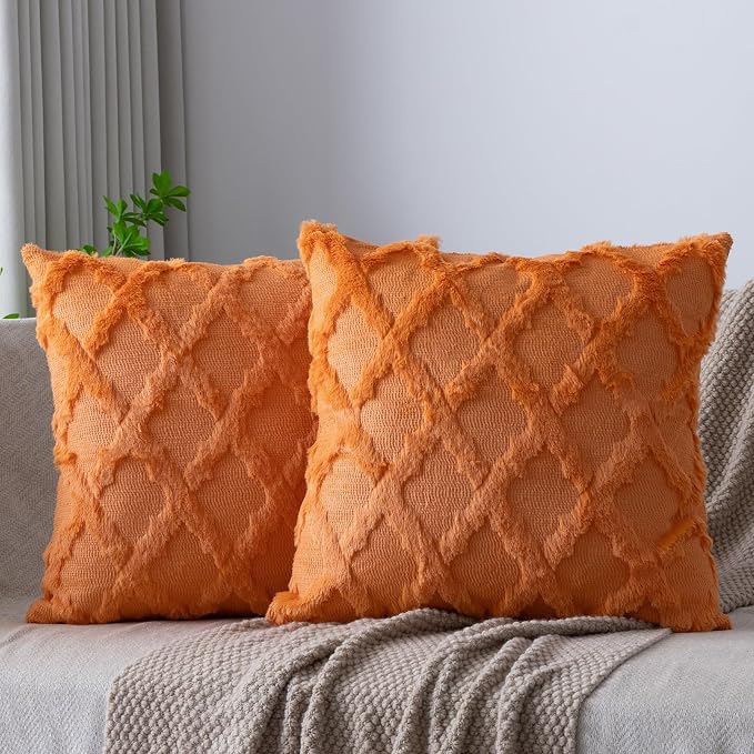 Set of 2 Soft Moroccan Throw Pillow Covers 24x24 Inch Plush Boho Decorative Pillow Cover Accent Cushion Case for Couch Sofa Bed, Orange