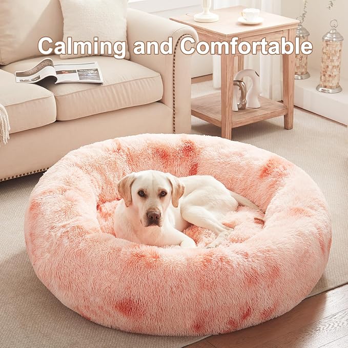 45 in Faux Fur Donut Dog Bed for Extra Large Dogs,Tie-dye Pink | Calming Plush Round Jumbo Fluffy Pet Bed with Removable & Washable Cover,Fits up to 120 lbs Pets