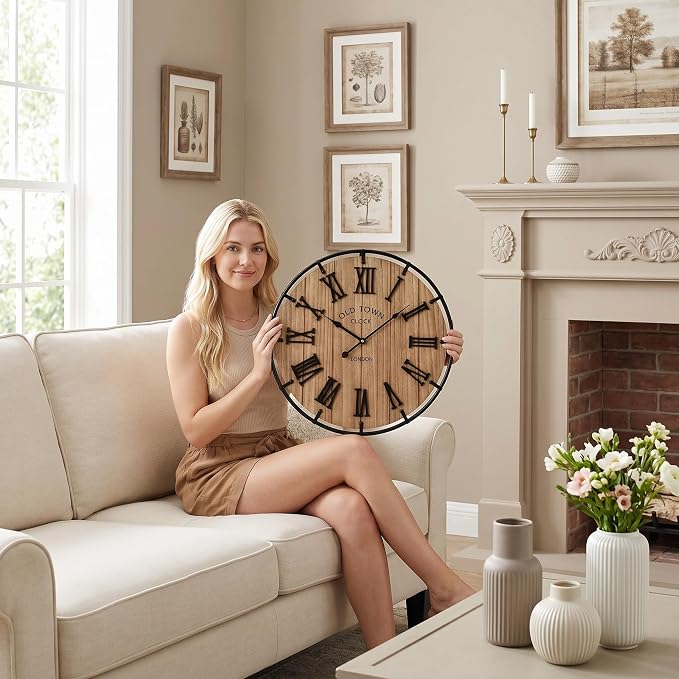 EMAX HOME Inch Modern Farmhouse Wall Clock, Warm Wood-Tone Dial with Black Metal Outer Ring, Silent Non-Ticking Quartz Mechanism, Raised Roman Numerals for Bedroom, Nursery, or Living Room Wall Art