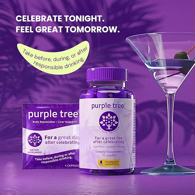purple tree Post-Celebration Wellness Supplement for Liver Support & Hydration | Liposomal Dihydromyricetin (DHM), L-Glutathione, Milk Thistle, B Vitamins, Minerals, Willow Bark | 30 Pills