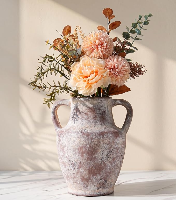 Ceramic Flower Vase with Handles, 8.66 inch Tall Clay Decorative Vases Farmhouse Rustic Vases Pottery Vases for Home Decor Living Room Table Centerpiece Bookshelf Coffee Desk Fireplace, Terracotta