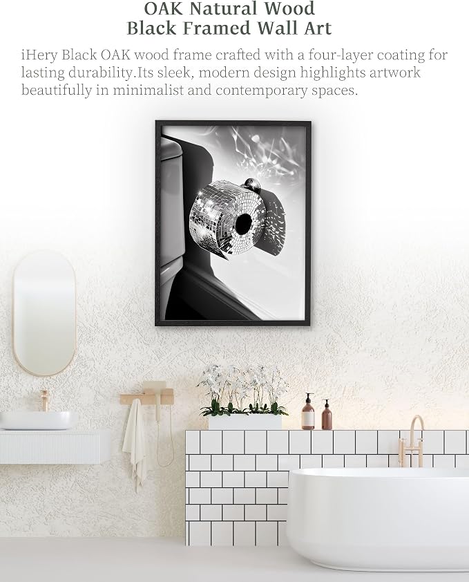 iHery 12x16in Disco Ball Toilet Paper Framed Bathroom Wall Art | Premium Black OAK Wood Frame with Canvas Print, Funny Black and White Decor for Bathroom, Powder Room Guest Bathroom 1Pack