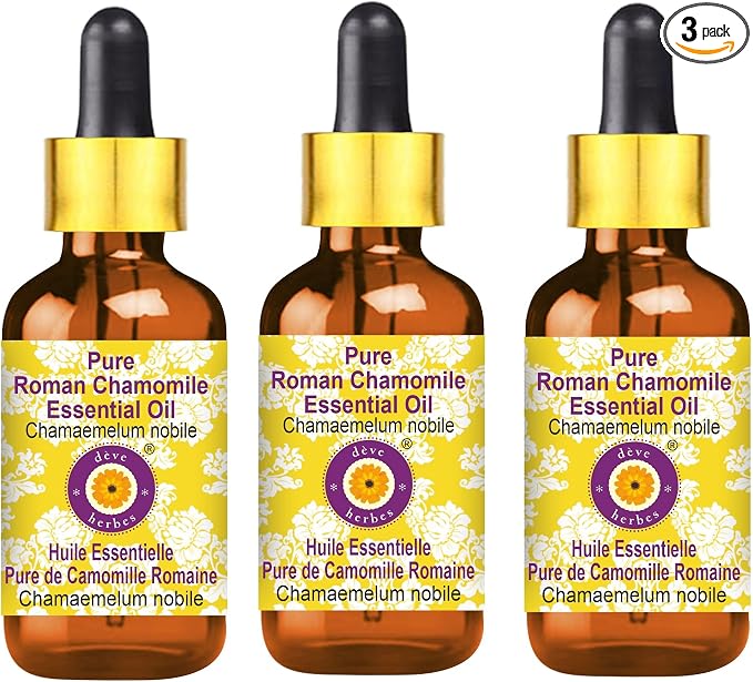 Deve Herbes Pure Roman Chamomile Essential Oil (Chamaemelum nobile) with Glass Dropper Steam Distilled (Pack of Three) 100ml X 3 (10 oz)