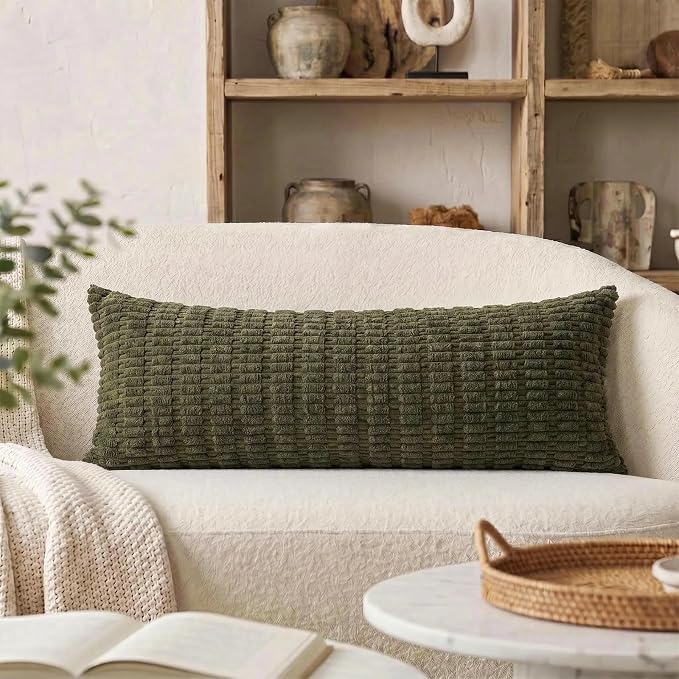 Fancy Homi Decorative Throw Pillow Covers for Bed Couch Bedroom Bench, Soft Corduroy Solid Pillow Case, Rustic Farmhouse Boho Room Decor,36" x 14" (Pack of 1),Olive Green
