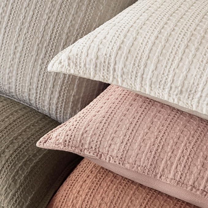 Foindtower Set of 2 Decorative Cotton Waffle Weave Throw Pillow Covers Euro Shams Cushion Covers Accent European Pillowcase for Bed Couch Sofa Bedroom Living Room Home Decor 24×24 Inch Dusty Pink