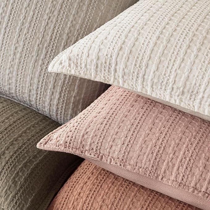 Foindtower Set of 2 Decorative Cotton Waffle Weave Lumbar Throw Pillow Covers Euro Shams Cushion Covers Accent European Pillowcase for Bed Couch Bedroom Living Room Home Decor 12×20 Inch Dusty Pink