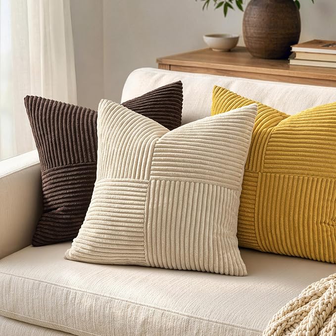 MIULEE Mustard Yellow Decorative Throw Pillow Covers for Couch 20x20 Inch | 2 Pack, Boho Farmhouse Pillow Covers, Soft Cross Corduroy Patchwork Textured Cushion Cases For Bed Sofa