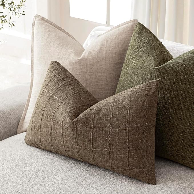 Foindtower Set of 2 Decorative Linen Check Throw Pillow Covers Neutral Farmhouse Lumbar Cushion Covers Modern Boho Home Decor for Sofa Chair Couch Bedroom Living Room,12×20 Inch,Light Brown