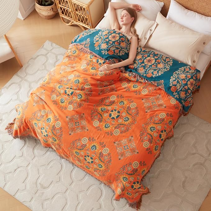 LUTBM Boho Throw Blanket for Bed 60"x80", 100% Cotton Orange Couch Blankets | Soft Reversible Floral Jacquard, All-Season, Twin Quilt for Chair Sofa Living Room, Lightweight & Breathable, Home Decor Gift
