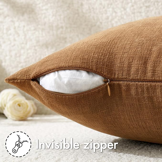 MIULEE Bronze Chenille Couch Throw Pillow Covers, 18x18 | Set of 2, Farmhouse Rustic Boho Style, Decorative Pillowcases for Sofa Living Room Bed, Home Decor