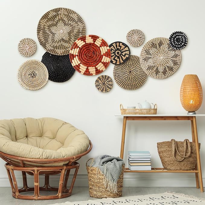 Tatuo 11 Pcs Boho Wall Basket Decor Bulrush Woven Wall Hanging Art Round Farmhouse Rustic Handmade Wicker for Summer Home, Bedroom, Living Room, Kitchen Decorations, Multi Sizes(Dark)
