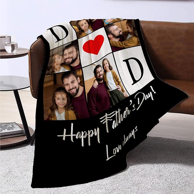 Funny DIY Personalized for Dad Husband Grandpa from Daughter Son Kids Wife Customized Father's Day Blanket Custom Photo Blanket with Pictures Text Best Dad Ever Ideas Birthday Gifts