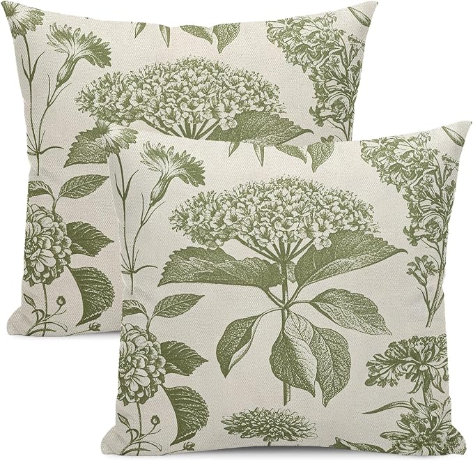 Floral Pillow Covers 18x18 Set of 2 Vintage Sage Green Hydrangea Herbs Botanical Throw Pillow Cover Outdoor Decoration Boho Flower Pillowcase Farmhouse Decorative Cushion Case for Home Sofa