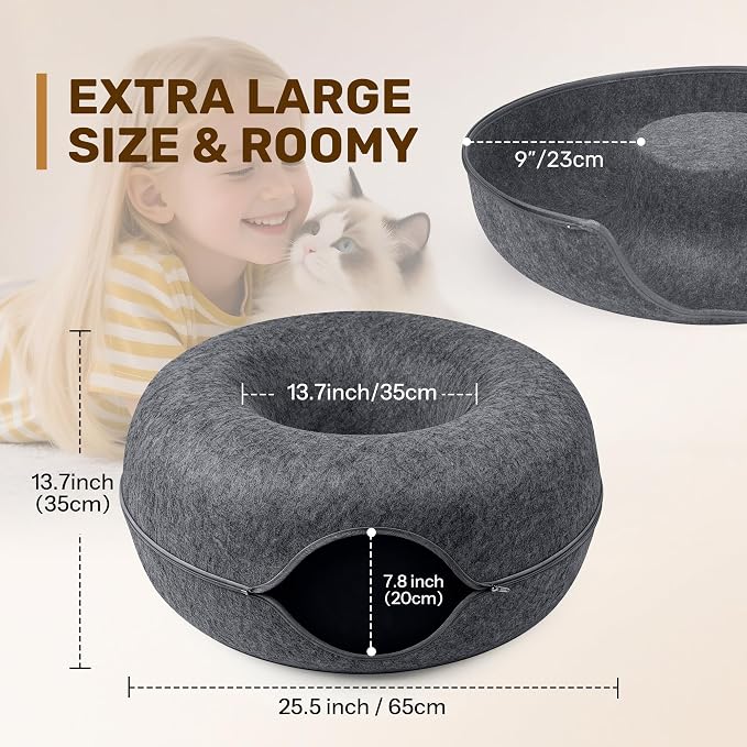 Cat Caves for Indoor Cats, Large Cat Tunnel for Multiple & Large Cats, Scratch Detachable Cave Bed, Kitten Donut Kitty Hideaway Up to 45 Lbs (Dark Grey, Jumbo, 2 Pack)