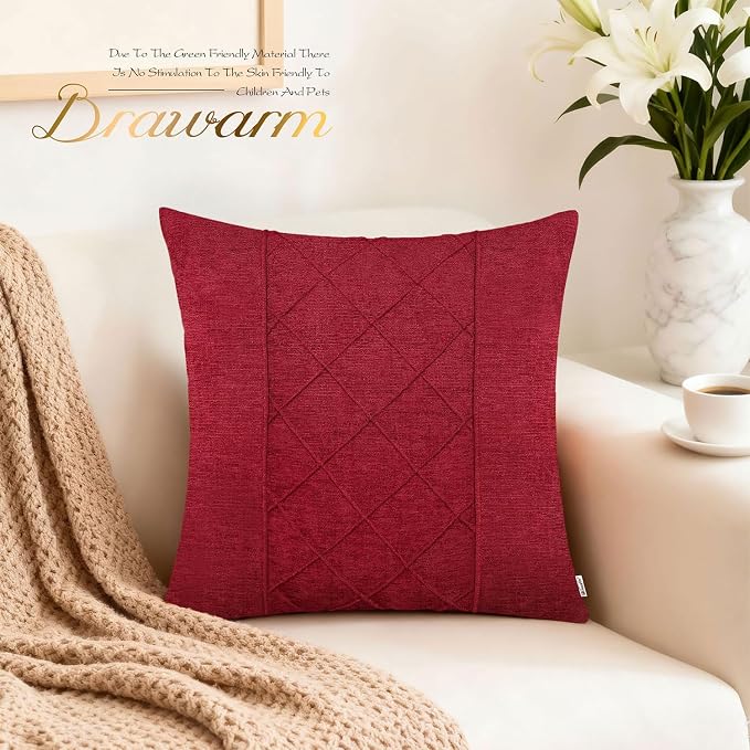 BRAWARM Chenille Throw Pillow Covers 18x18 Inches, Red, 2 Pack | Decorative Pleated Pillow Covers, Soft Cushion Cases for Sofa Bed Living Room Home Farmhouse (No Insert)
