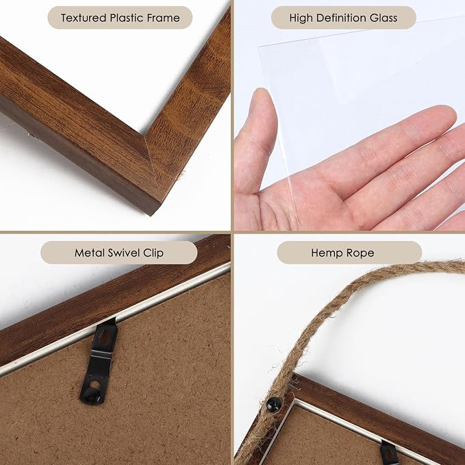 QUTREY 5x7 Collage Picture Frames, 6 Openings Hanging Photo Frame Set Display Vertical 5 by 7 inch Pictures for Wall Decor, Rustic Walnut Brown, 2 Pack
