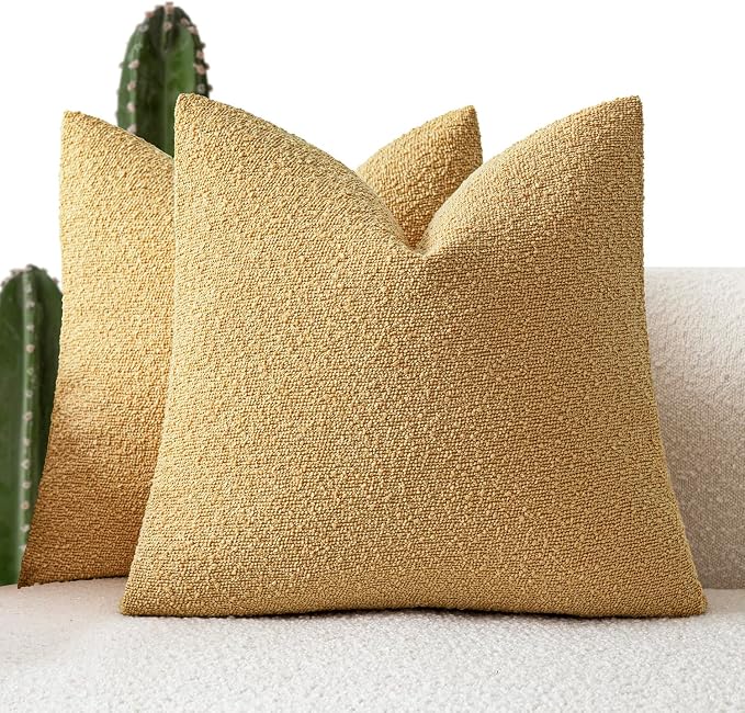 Foindtower Set of 2, Decorative Textured Boucle Throw Pillow Covers Accent Solid Pillow Cases Neutral Couch Cushion Case for Chair Sofa Bedroom Living Room Home Decor 26x26 Inch Light Yellow