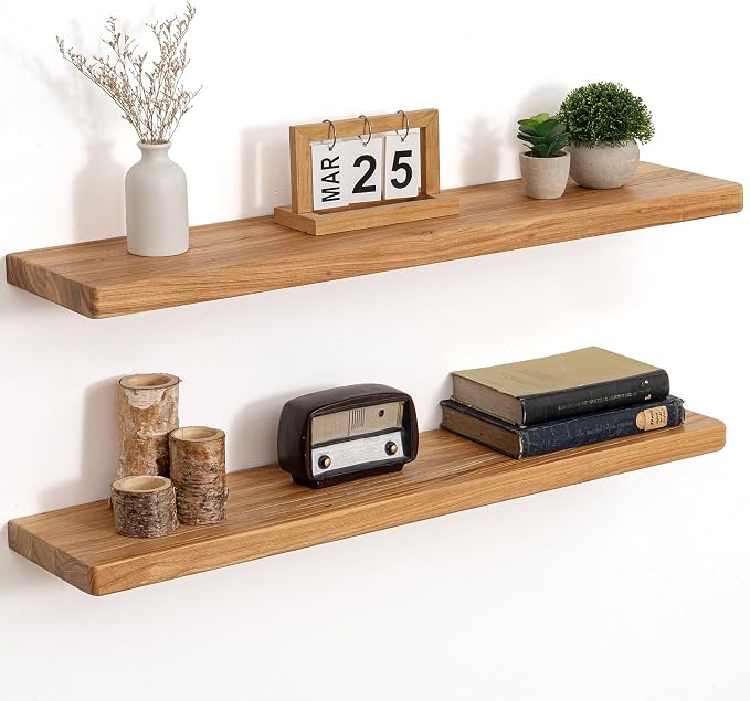 Floating Shelves for Wall, 36"Wx8"D Rustic Solid Elm Wood Floating Shelves Wall Mounted, Round Edge Wall Shelves with Invisible Bracket for Living Room Bathroom Bedroom Kitchen, Set of 2, Natural