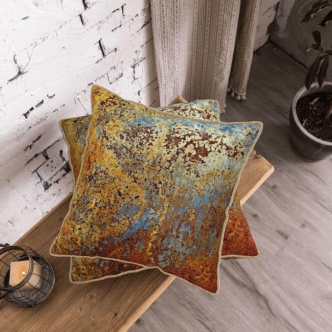KSLIDS Brown Rust Soft Velvet Throw Pillow Covers Set of 2 Gold Orange Teal Rustic Decorative Pillow Covers 18x18 Inch Rusty Copper Metallic Bronze Pillow Case for Sofa Couch Living Room Home Decor