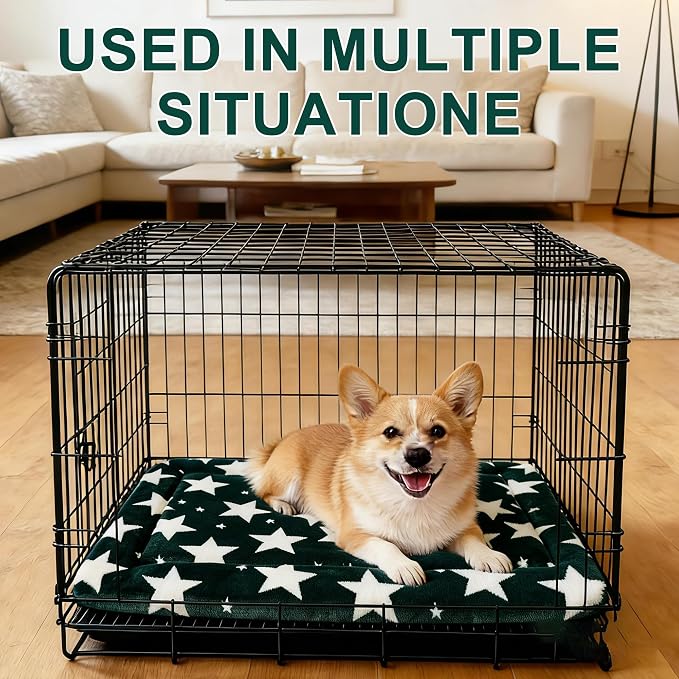Dog Bed Mat – Soft & Comfortable Dog Kennel Pad for Crate – Durable Crate Bed & Mat for Dogs & Cats – Ideal for Crate, Kennel, and Home Use (Big&Little Stars Green, S(24"*18"*1.5"))