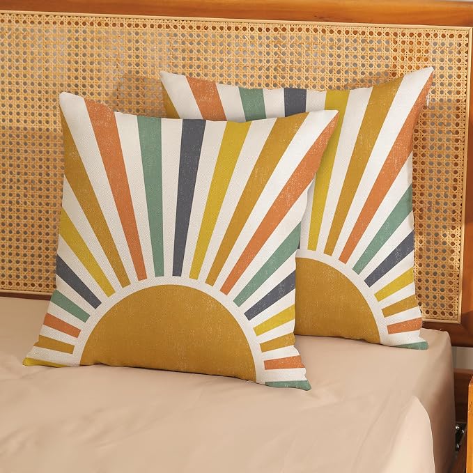 Boho Pillow Covers 20x20 Set of 2 Stripes Colorful Yellow Sunshine Decorative Pillow Cases Summer Rainbow Sun Outdoor Cushion Cover Cute Farmhouse Linen Decor Throw Pillows for Couch Sofa