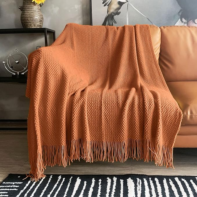 LOMAO Knitted Throw Blanket with Tassels Bubble Textured Lightweight Throws for Couch Cover Home Decor (Orange, 60x80)