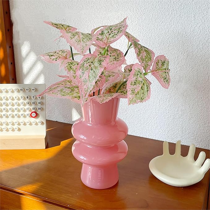 JSPYFITS Modern Glass Vases, 7.87" Tall Four-Layer Book Vase Bubble Flower Vases Decorative for Home Decor, Pink Glass Table Vase for Wedding Housewarming Gift