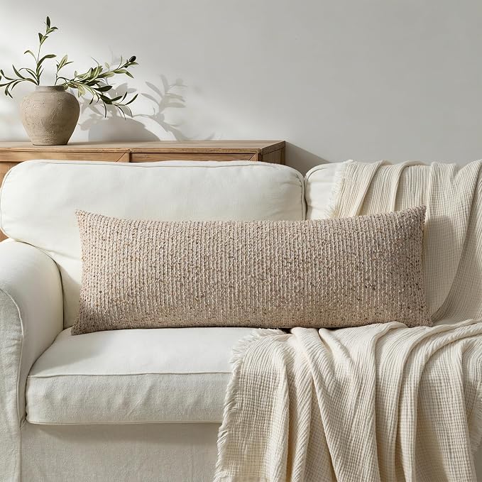 14x36 Beige Decorative Body Pillow Cover for Bed Textured Boucle Striped Chic Morden Boho Accent Farmhouse Rectangular Long Lumbar Throw Pillow Case for Bedroom Living Room Home Decor Couch Sofa