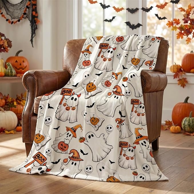 Horaldaily Halloween Beige Ghost Pumpkin Skulls Flannel Throw Blanket 50x60 | All Season Using Ultra Soft Fuzzy Plush Cozy Non-shedding Blanket for Couch Sofa Bed Camping, Ideal Gift for Kids Adults