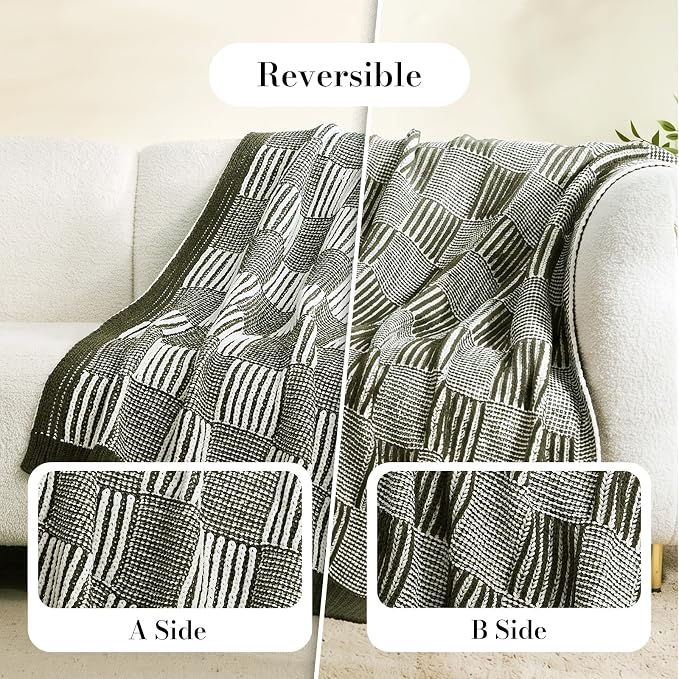 Knit Throw Blanket, Soft Chenille Cozy Breathable Dual Tone Checkered Chunky Decorative Blanket for Couch, Bed & Sofa, French-Inspired Lightweight Warm Gift for Women, Olive Green, 60"x80"