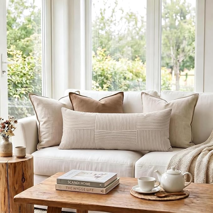 Fancy Homi Set of 1 Neutral Taupe Boho Long Lumbar Body Decorative Throw Pillow Cover 14x36 Inch for Bed Couch Bedroom Bench, Soft Patchwork Corduroy Textured Pillow Case, Farmhouse Room Decor