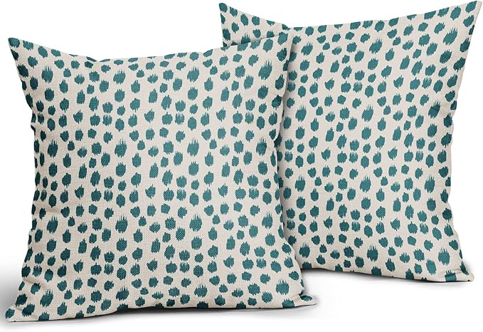 Teal Cream Pillow Covers 20x20 Set of 2 Boho Design Polka Dot Throw Pillows Modern Brush Strokes Print Decorative Outdoor Pillowcase Square Cushion Cover Linen Pillow Case for Home Sofa Couch Bed