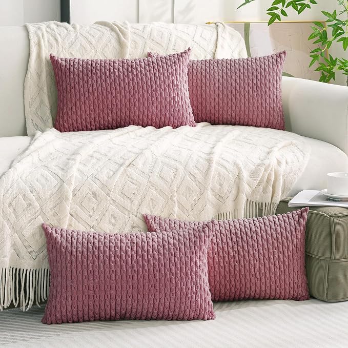 Set of 4 Pink Decorative Throw Pillow Covers 12x20 Inch Corduroy Pillow Covers for Bed Couch Sofa Living Room Soft Cushion Cases