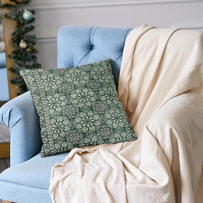 Boho Throw Pillow Covers 24x24 inch Set of 2,Soft Pillowcases Bohemia Carpet Printing Pattern Decorative Sofa Living Room Bed Square Pillow Case Cushion Cover-Green Flower