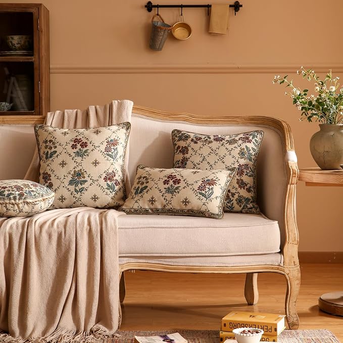 patdrea French Vintage Linen Throw Pillow Cover,18"x18",Set of 2-Audrey A | Decorative Pillow Case with Zipper,Brown Floral Pattern,Pillow Cover for Couch Living Room Bedroom Sofa