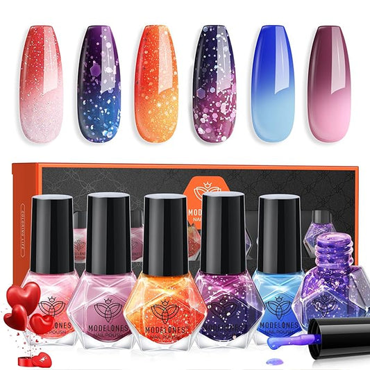 modelones Color Changing Nail Polish Set, 6 Colors Pink Blue Purple Orange Neon Mood Temperature Change Ombre Quick Dry Mini Manicure Kit DIY Nail Art Salon Gifts For Women Girls