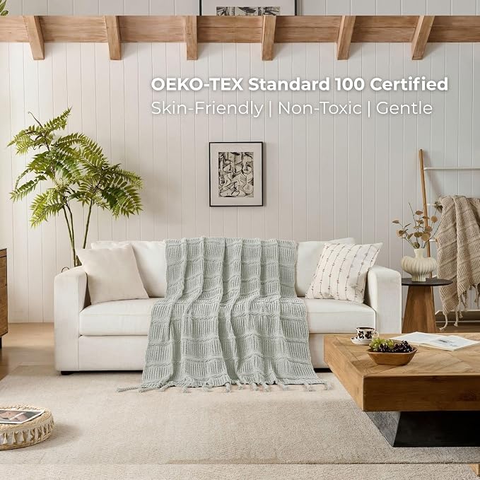 Boho Knitted Chenille Blanket with Tassels - Lightweight & Soft All-Season Throw - 3D Classic Pattern for Living Room Bedroom Couch, Silver Sage, King 90"x108"