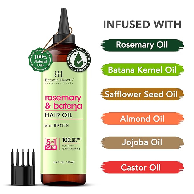 Botanic Hearth Hair Oil for Hair Growth & Hair Treatment Oils | Strengthening Dry, Frizzy, Damaged Hair & Scalp Treatment | Rosemary & Batana Hair Oil – 6.7 Fl Oz