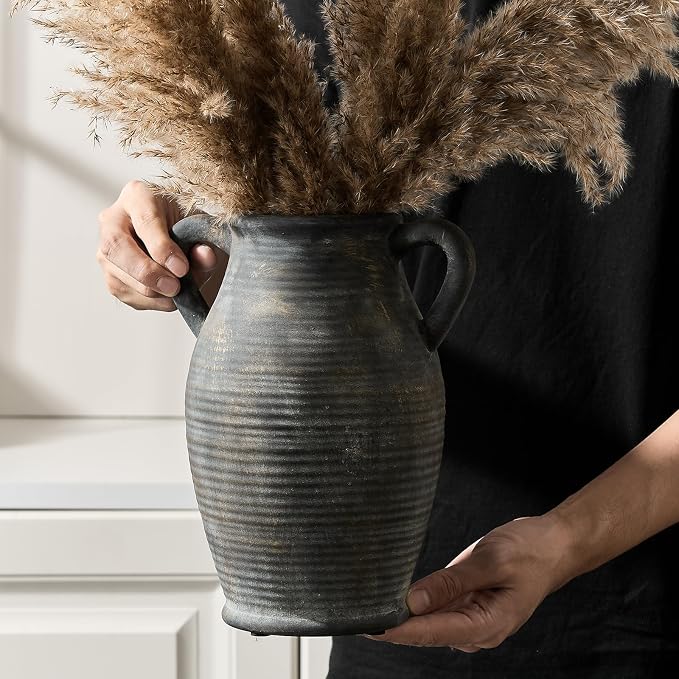 Vaseking Ceramic Rustic Vase, 9.8 inch Farmhouse Vases Home Decor, Bronze | Large Minimalist Decorative Vase with 2 Handles, for Living Room, Enterway, Table Decoration, Gift