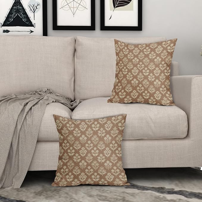 Brown Floral Block Print Pillow Covers 20x20 Inch Set of 2, Vintage Flower Pattern Decorative Throw Pillowcases Outdoor Farmhouse Cushion Covers Spring Summer Rustic Sofa Couch Bed Decor