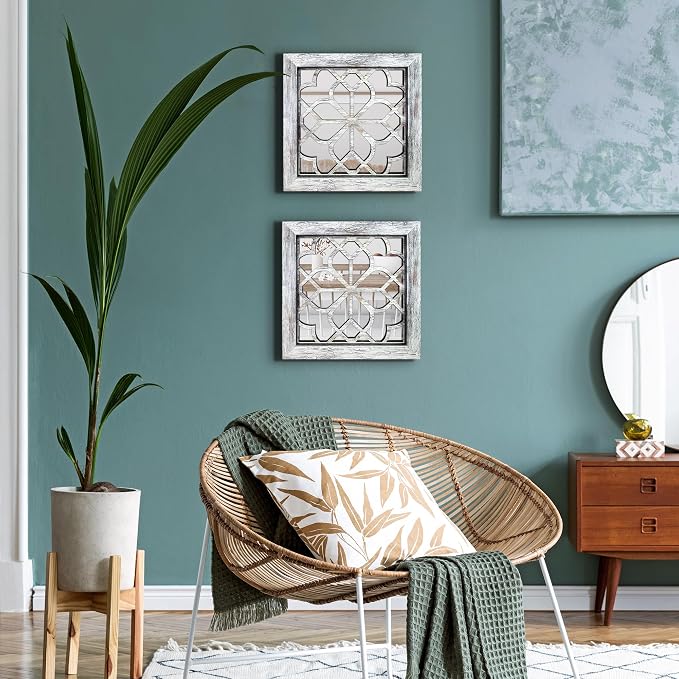 Set of 4 Boho Wall Mirrors with Carved Floral Design, 12x12 Inch Rustic Farmhouse Accent Mirrors, Vintage Style Shatterproof Square Mirror Decor for Living Room, Bedroom(Grey)
