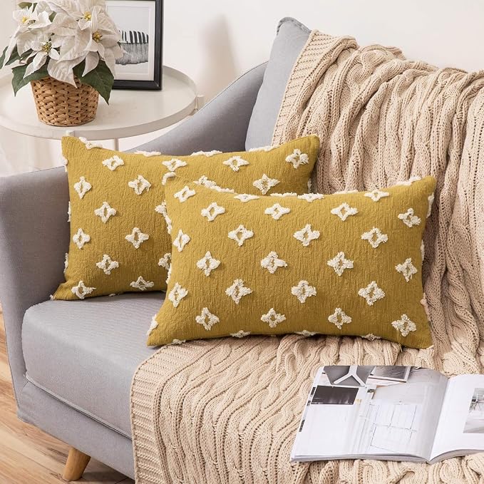Pack of 2 Flower Tufted Throw Pillows Embroidered Flowers 3 Size and Color Options Come with Inserts (Yellow, 12"x20" with Insert)