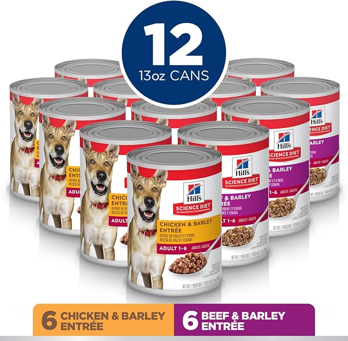 Hill's Science Diet Adult 1-6 Wet Dog Food Variety Pack | #1 Veterinarian Recommended, Chicken & Beef, 13 oz. Cans, 12-Pack