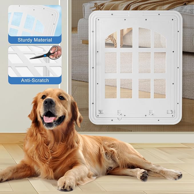 Large Dog Screen Door, 13 x 17 inches Flap Opening Dog Door for Screen Door with 4 Entry Ways, Magnetic Self-Closing Pet Screen Door for Dogs Cats, White