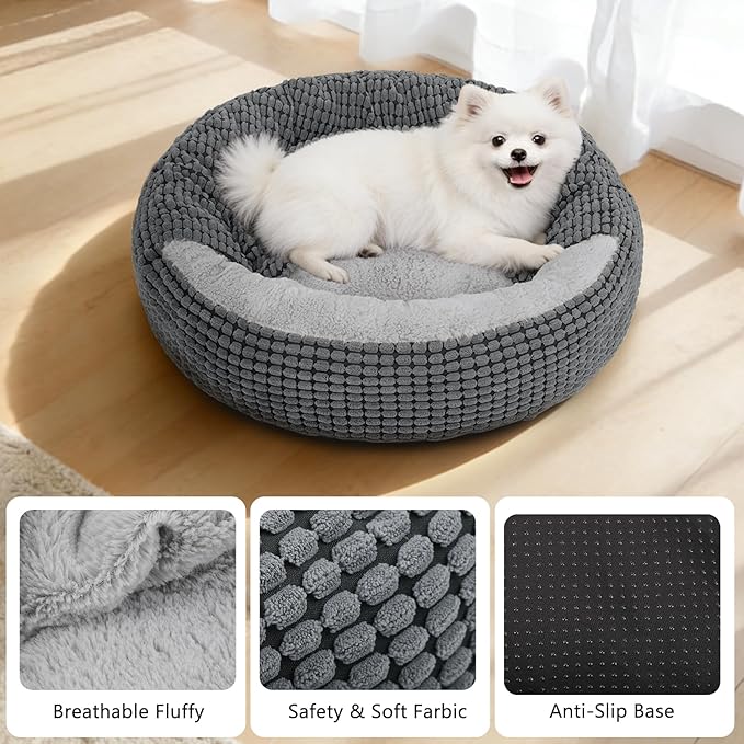 Dog Bed with Attached Blanket for Small Dogs or Cats, Soft Plush Cozy Donut Cuddler Hooded Pet Beds Washable. Round Puppy Bed Orthopedic, Calming Cat Cave Bed. Anti-Slip Bottom 26inch