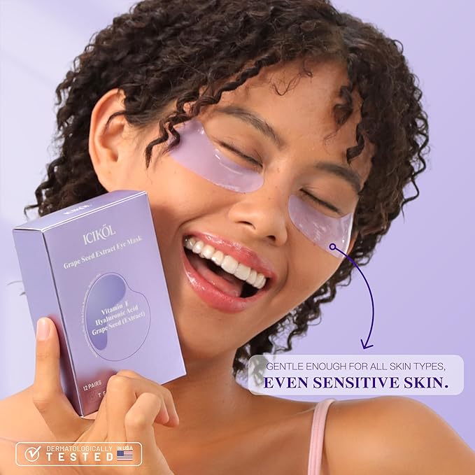 Instant tightener under eye patches with Grape Seed, Dark circles treatment eye patches with Women beauty, Puffy eyes treatment of under eye mask, 60 Pairs, Purple