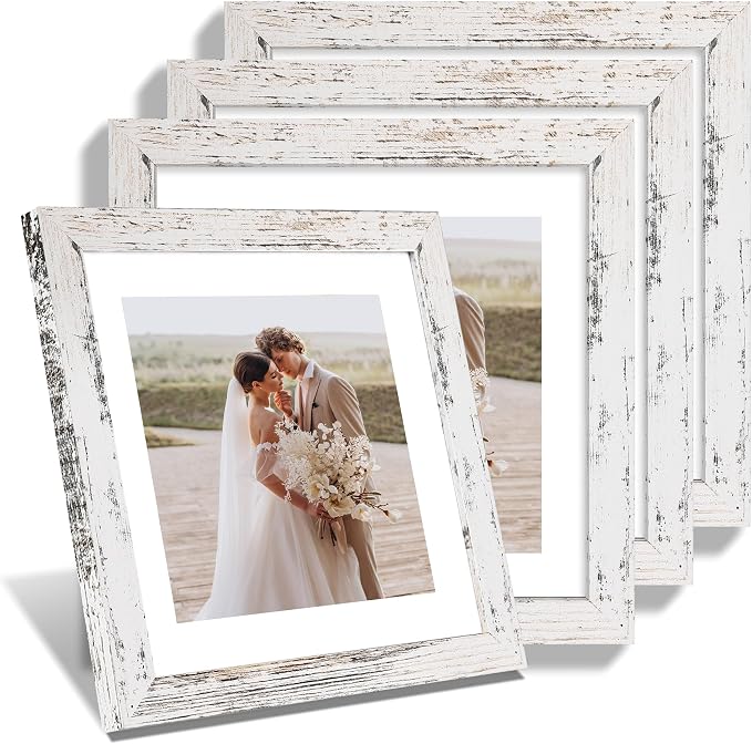 Hongkee 10x10 Picture Frame Set of 4, Made of Glass and Distressed White Wooden Frame - Display Picture 8x8 with Mat or 10 x 10 Without Mat, 10 by 10 Photo for Wall or Tabletop